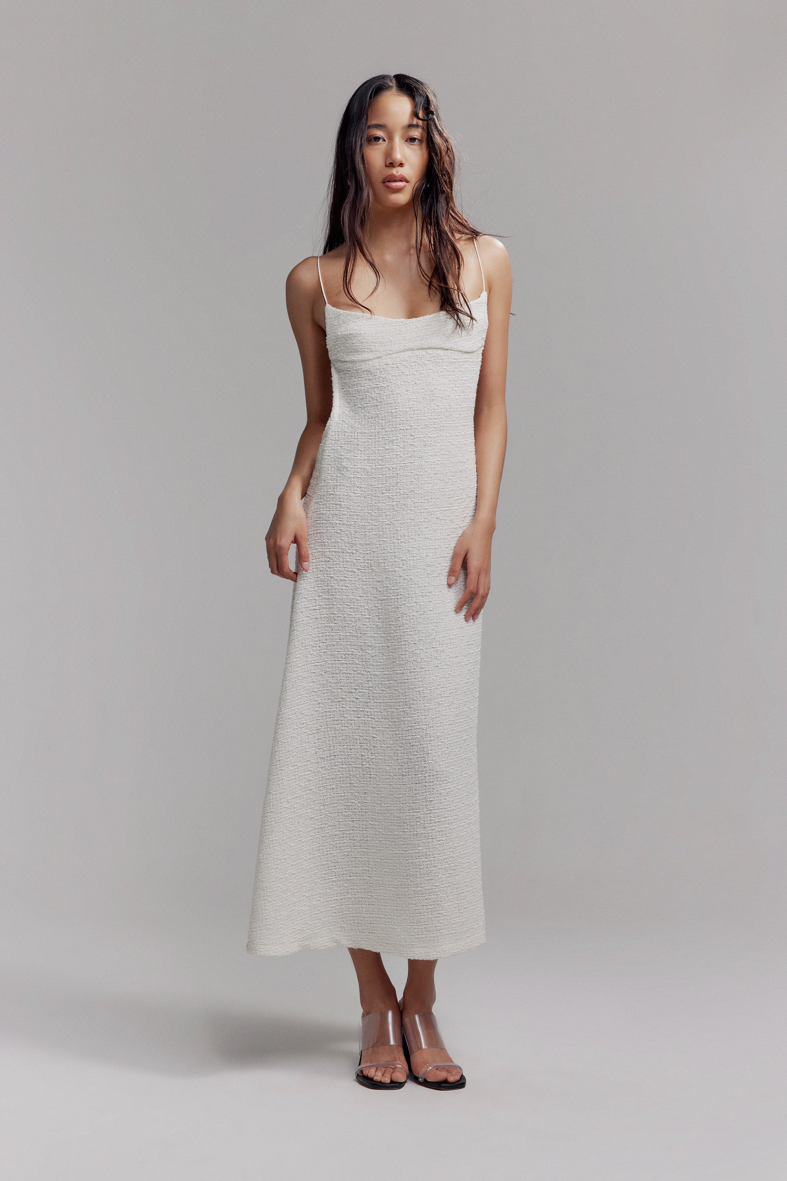 BOUCLE A-LINE BACKLESS DRESS