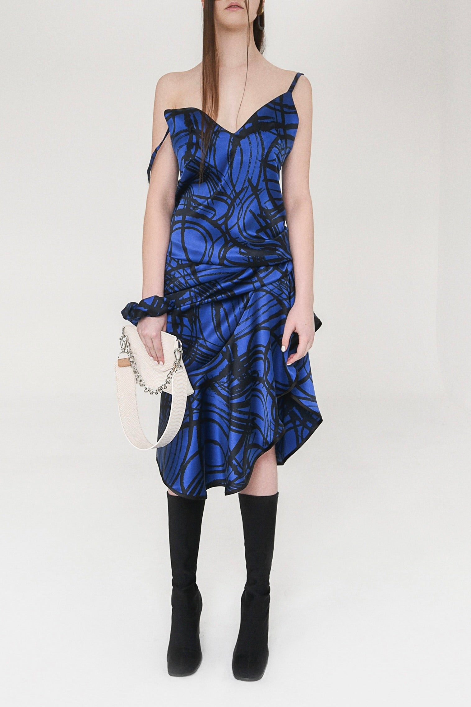 BRUSH STROKE SILK PRINT FLOUNCE DRESS