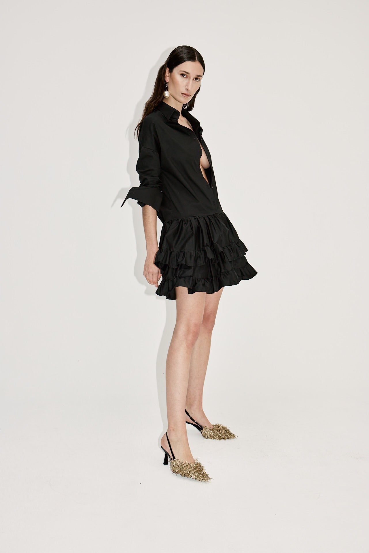 RUFFLE LAYERED SHIRT DRESS in BLACK