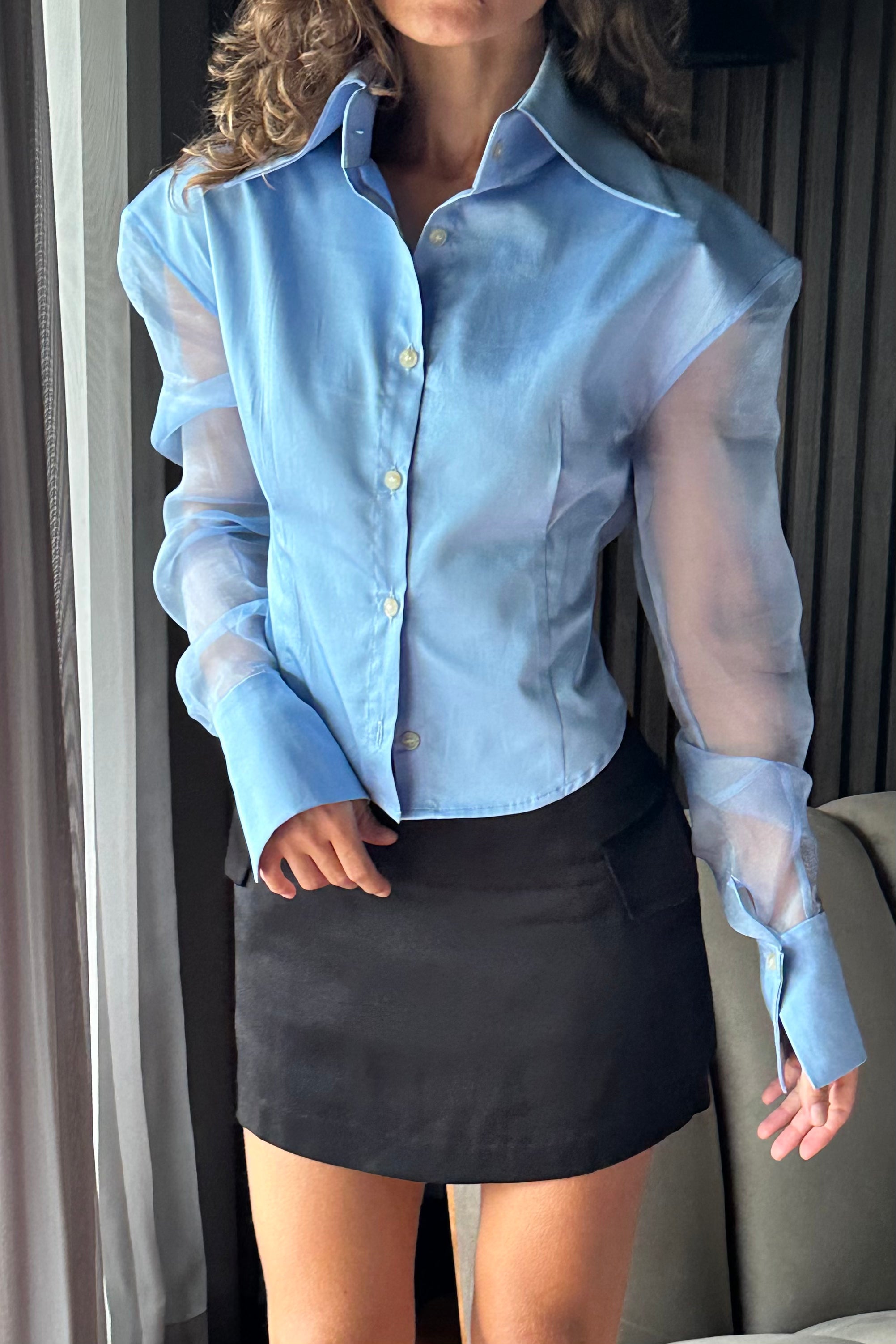 SILK ORGANZA SLEEVE SHIRT in OXFORD BLUE