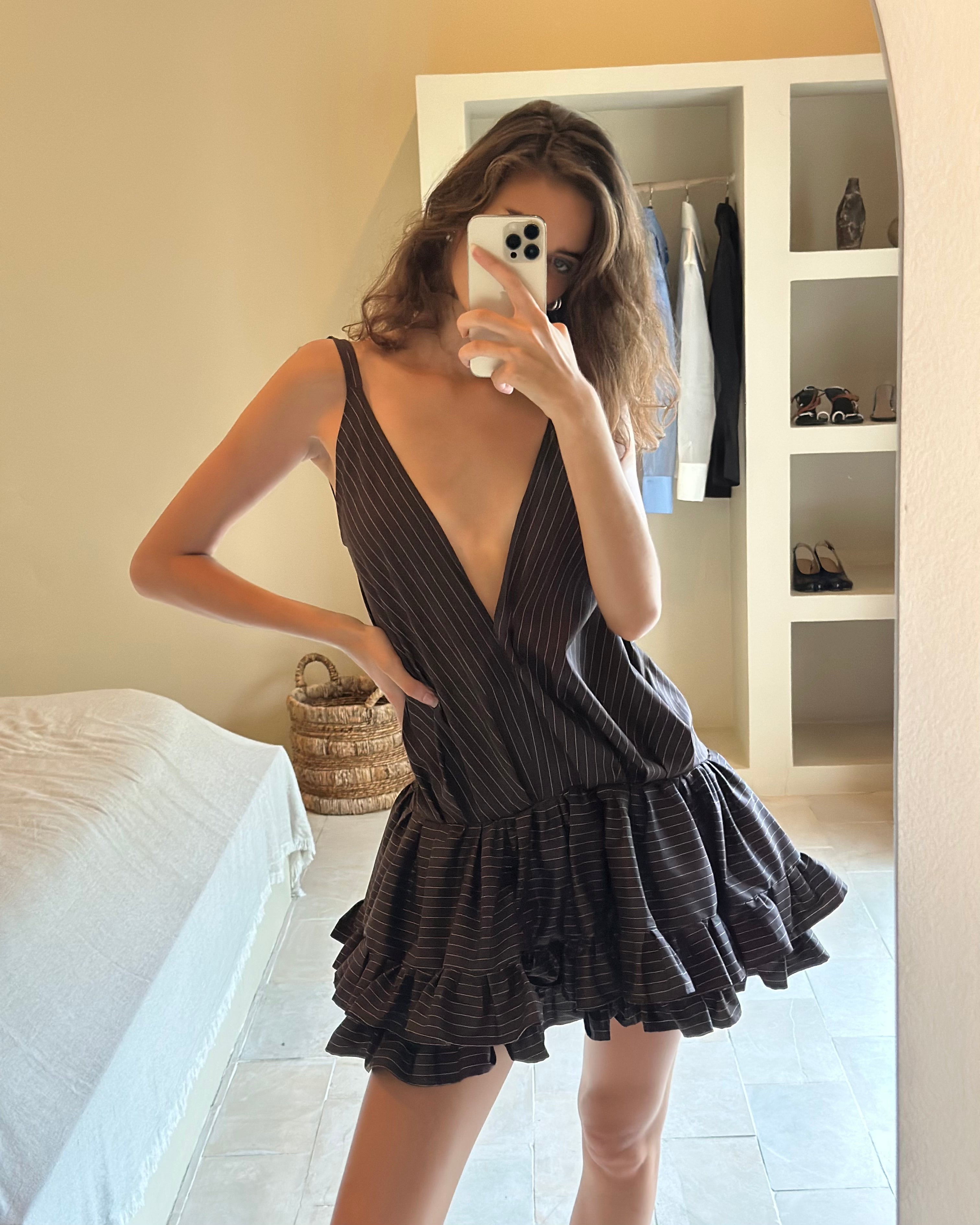 PINSTRIPE LAYERED RUFFLE DRESS