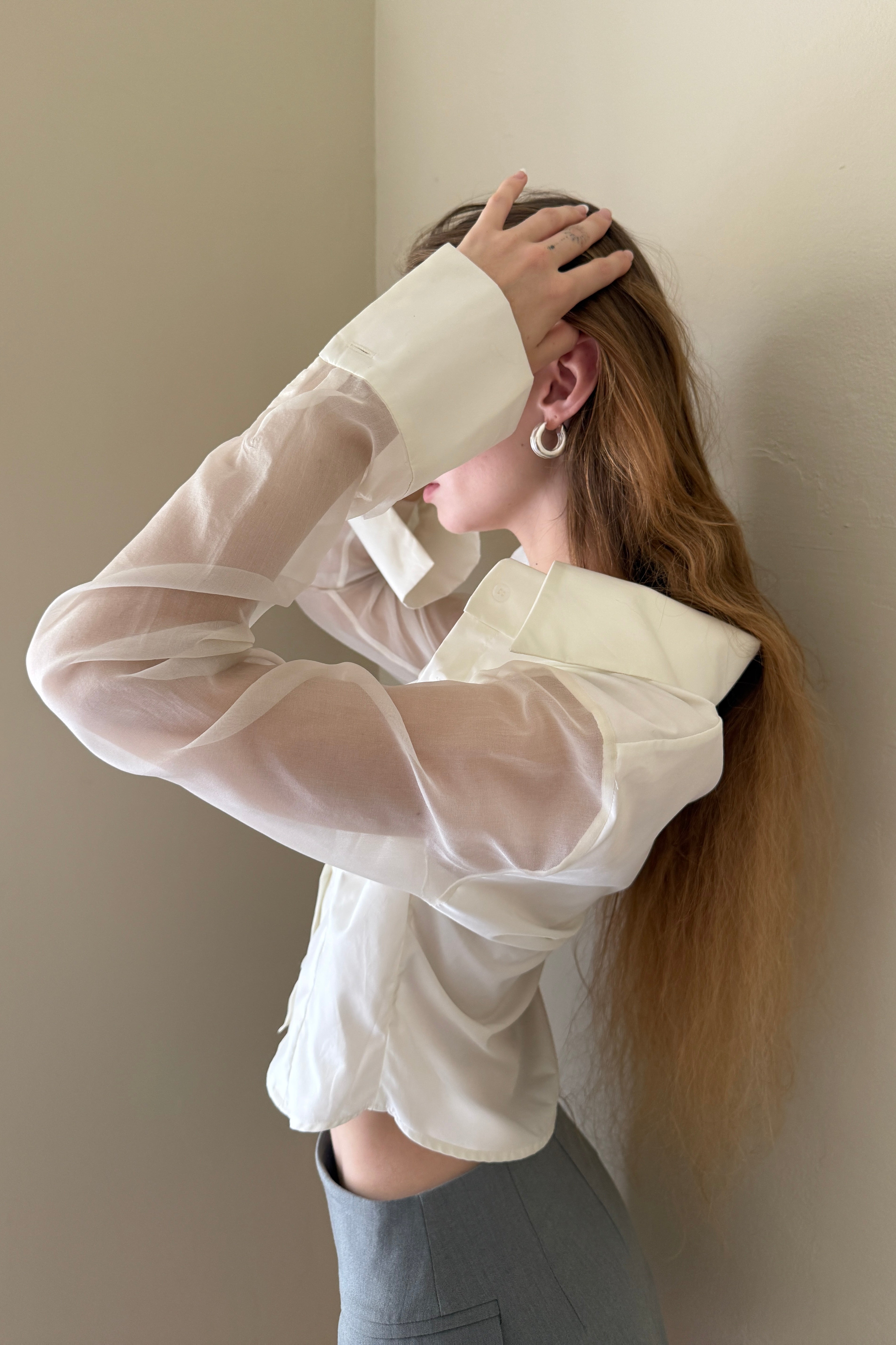 SILK ORGANZA SLEEVE SHIRT in WHITE