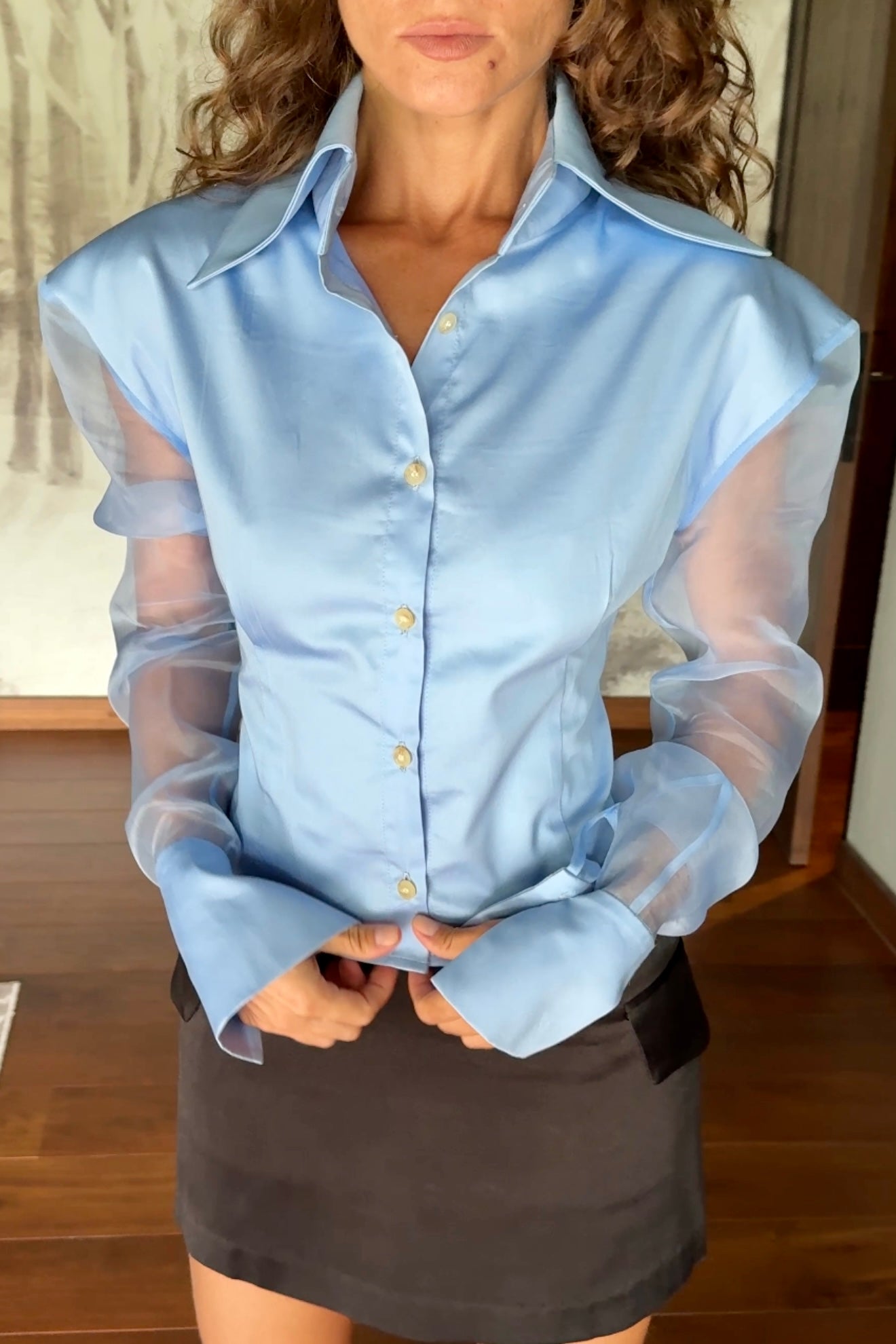 SILK ORGANZA SLEEVE SHIRT in OXFORD BLUE