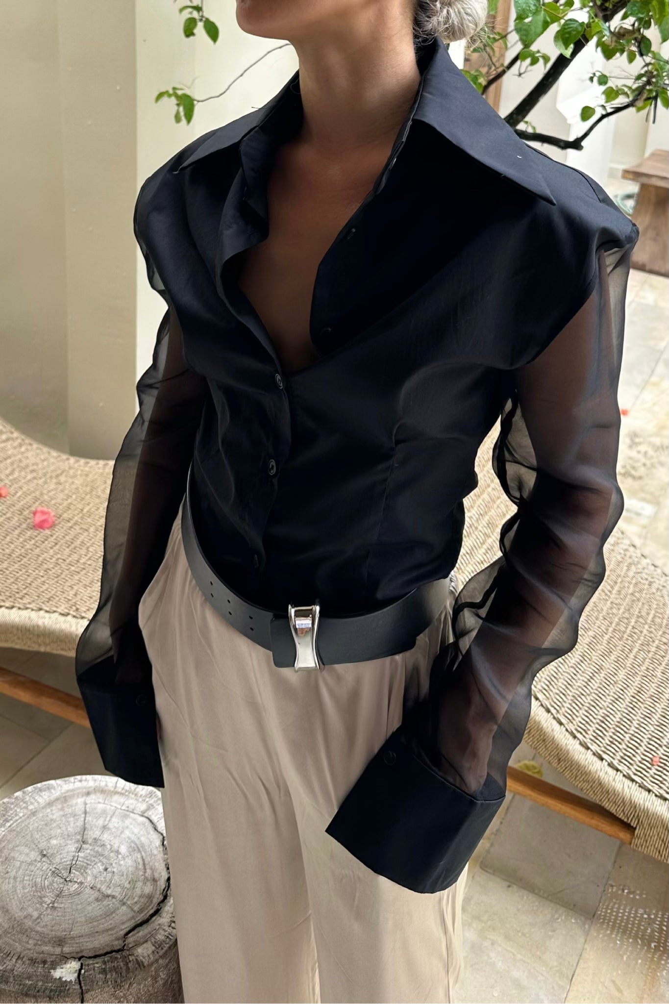 SILK ORGANZA SLEEVE SHIRT in BLACK